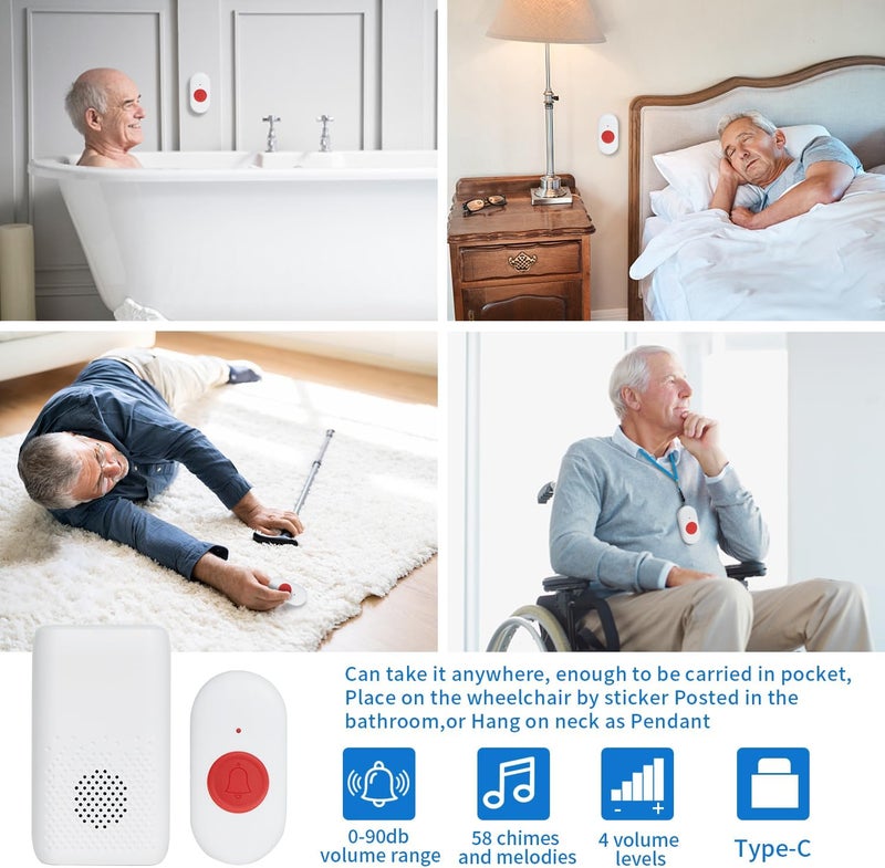 MERLRR Wireless Caregiver Pager Nurse Alert System SOS Call Button Vibration Pager Nurse Calling Alert System with 58 Melodies 4 Adjust Volume Levels for Patients Seniors Elderly Monitoring at Home - Image 4